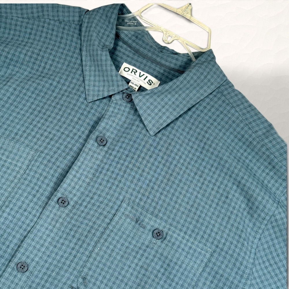 Orvis Short Sleeve Button Up Mens XXL Blue Gingham Outdoor Tech Shirt